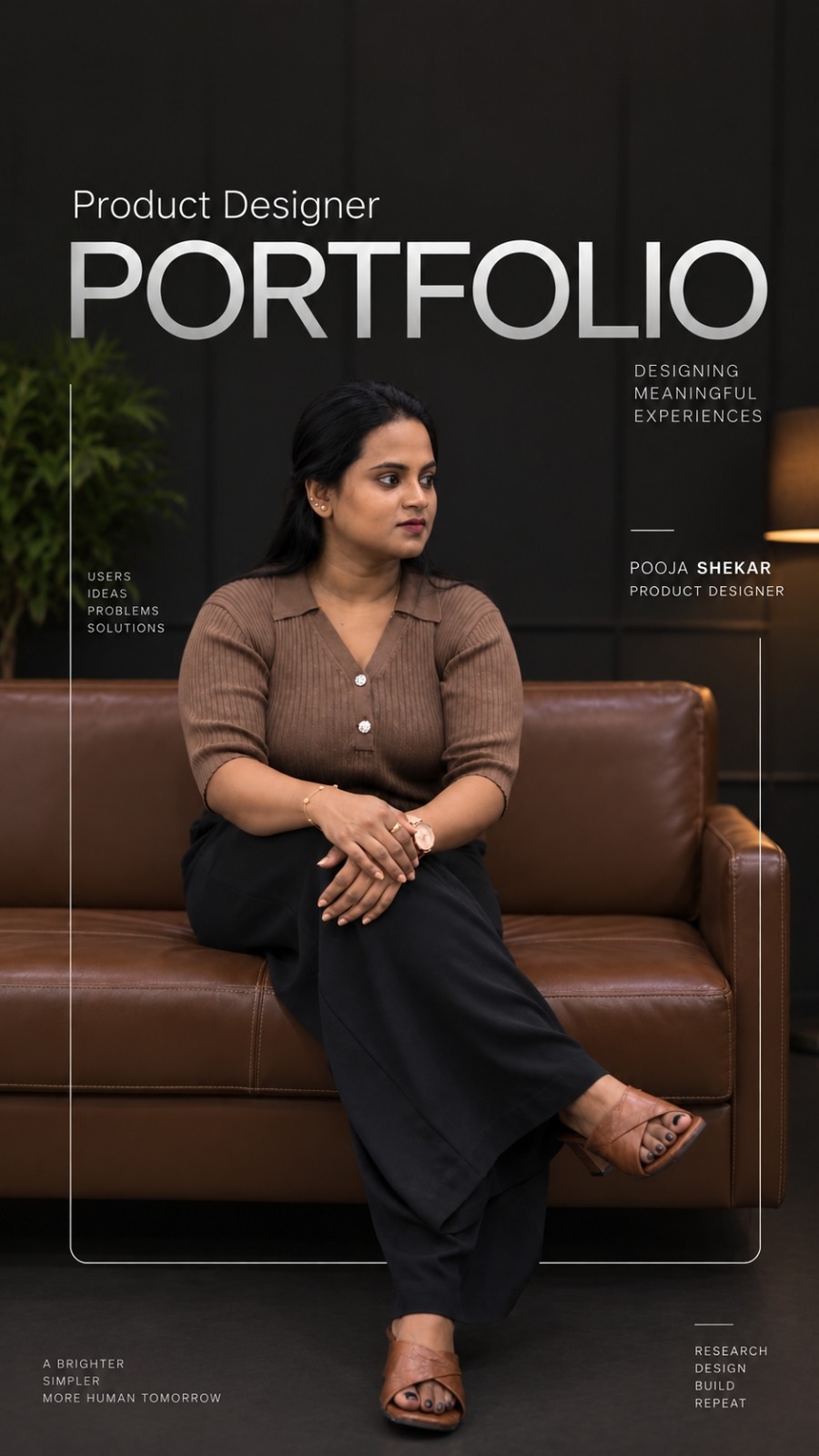 Pooja Shekar, Product Designer, seated on a leather sofa