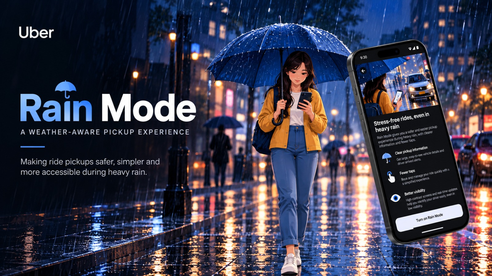 Uber Rain Mode cover: a rider under an umbrella checking the app on a rainy street
