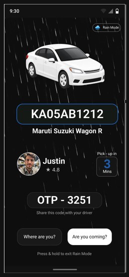 Rain Mode vehicle screen with a large car illustration, number plate KA05AB1212 and driver details