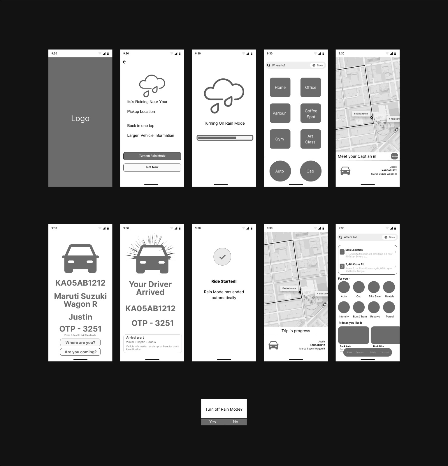 Mid-fidelity grey-box screens for Rain Mode across cab and auto flows