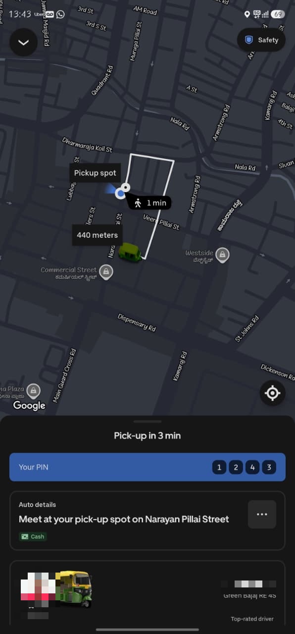 Standard Uber pickup screen with several pieces of information competing for attention