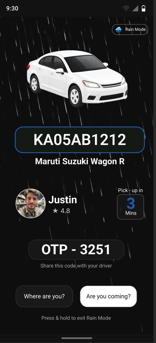 Rain Mode pickup screen with a large vehicle number, driver and OTP